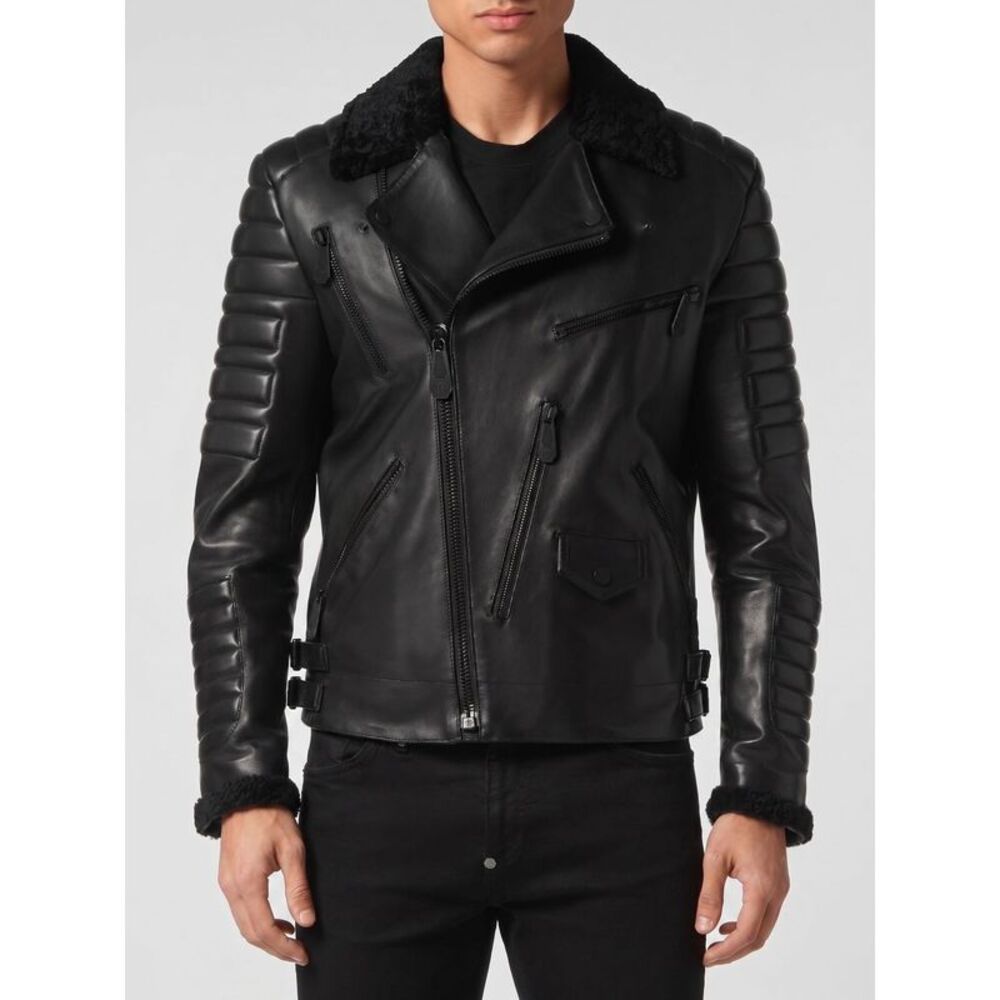 Philipp Plein Men Lambskin Biker Jacket Philipp Plein